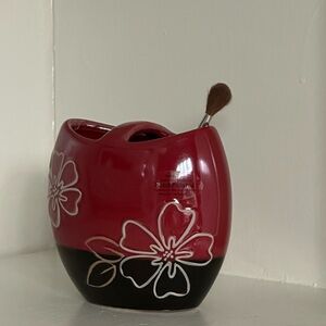 JCPenney Red and Black Floral Ceramic Teeth Brush Holders